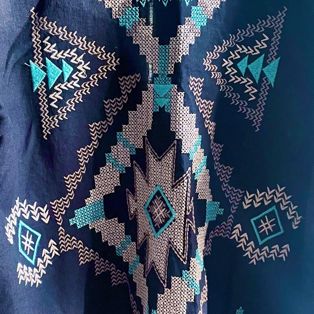 NWOT Johnny Was Linen Embroidered Aztec Kimono Black, Tan & Aqua - Picture 13 of 15